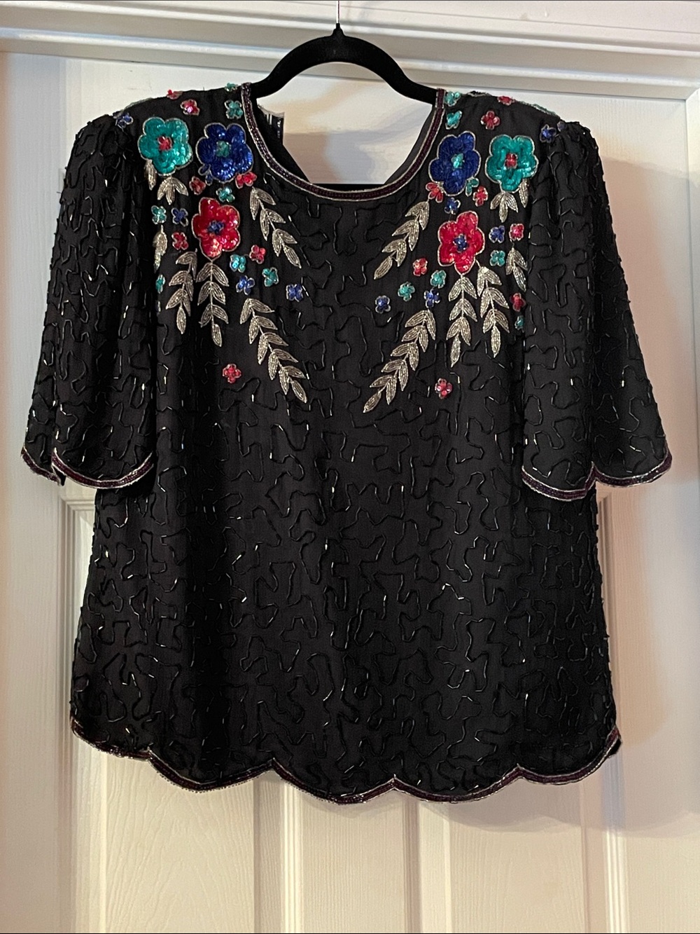 Scala Black Blouse with Teal, Royal Blue, Fuchsia & Gold Embroidery
